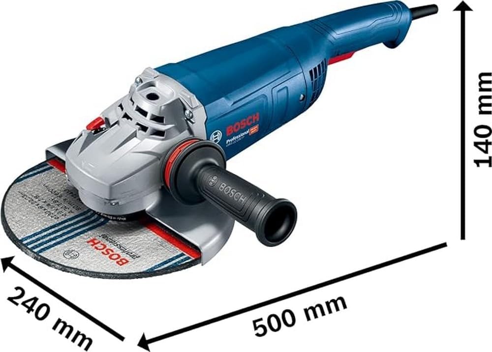 Bosch angle grinder with dimensions labeled on a white background