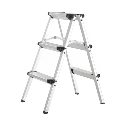 Three-step metal ladder on a white background
